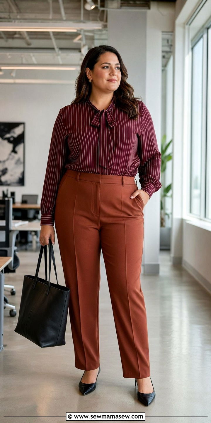 Striped Blouse and Rust Trousers - 30 Work outfits for plus size