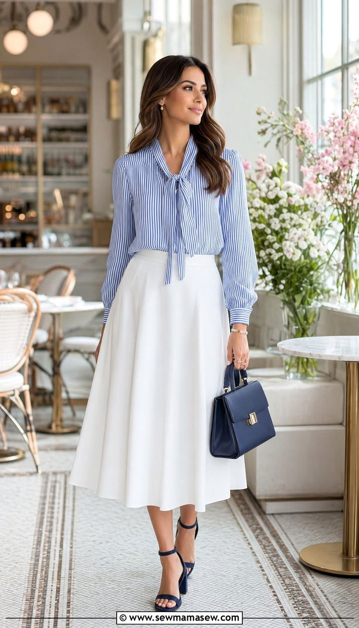 Striped Blouse with White Midi Skirt Outfit - 35 modest outfit ideas for women