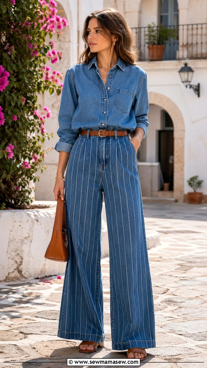 Striped Blue Denim Wide Leg Pants And Denim Shirt - 40 All denim blue outfit ideas
