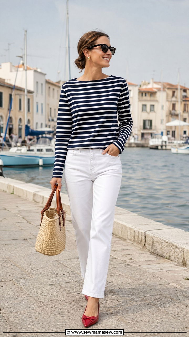 Striped Boat Neck Top With White Jeans - 40 vacation outfit ideas for women