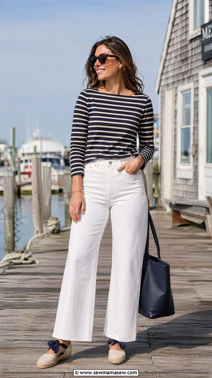 Striped Boat Neck Top With White Wide Leg Jeans And Espadrille Flats - 35 Spring weekend getaway outfits