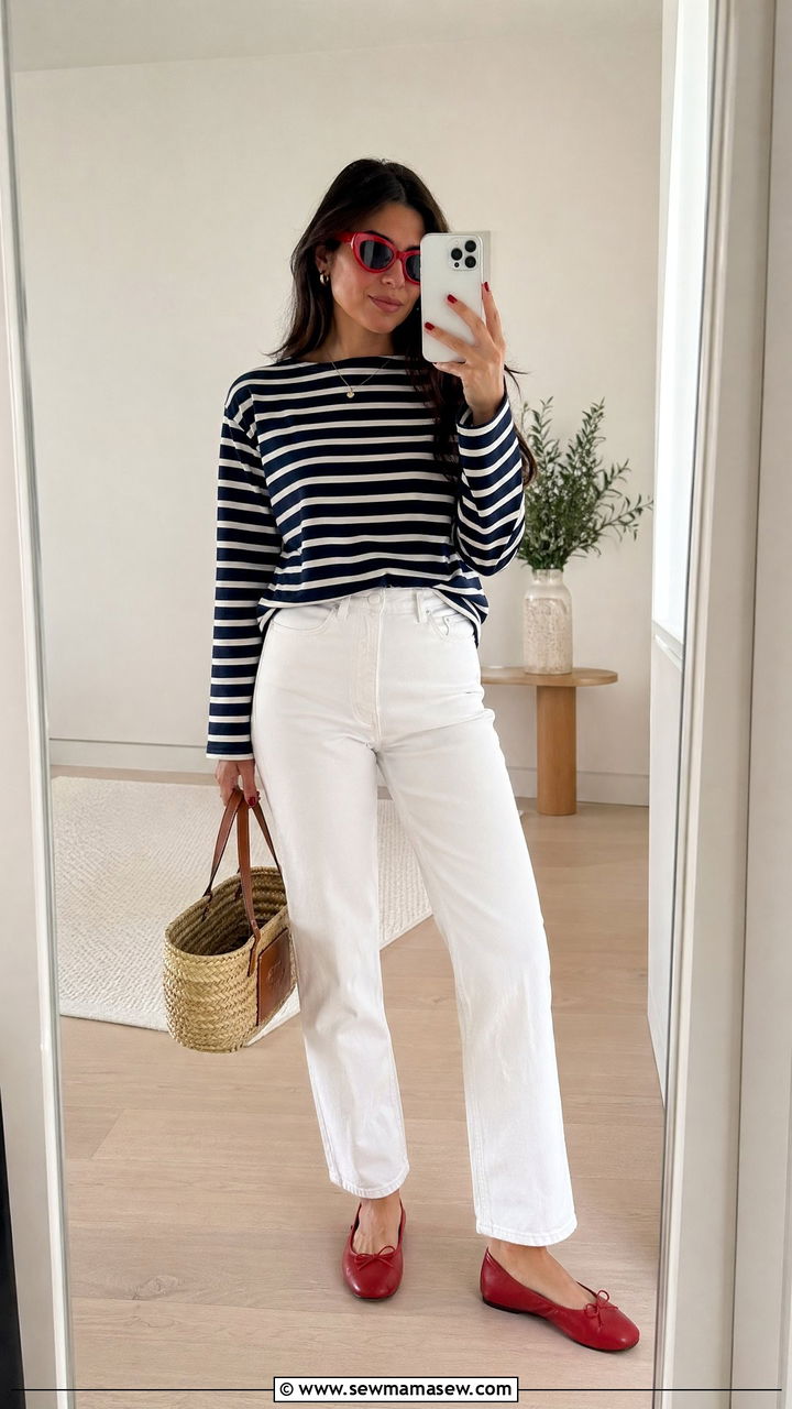 Striped Boatneck Shirt With White Jeans And Red Ballet Flats - 35 spring parisian outfits