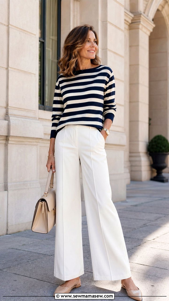 Striped Boatneck Sweater With White Wide Leg Trousers - 35 Old money outfits for women over 40