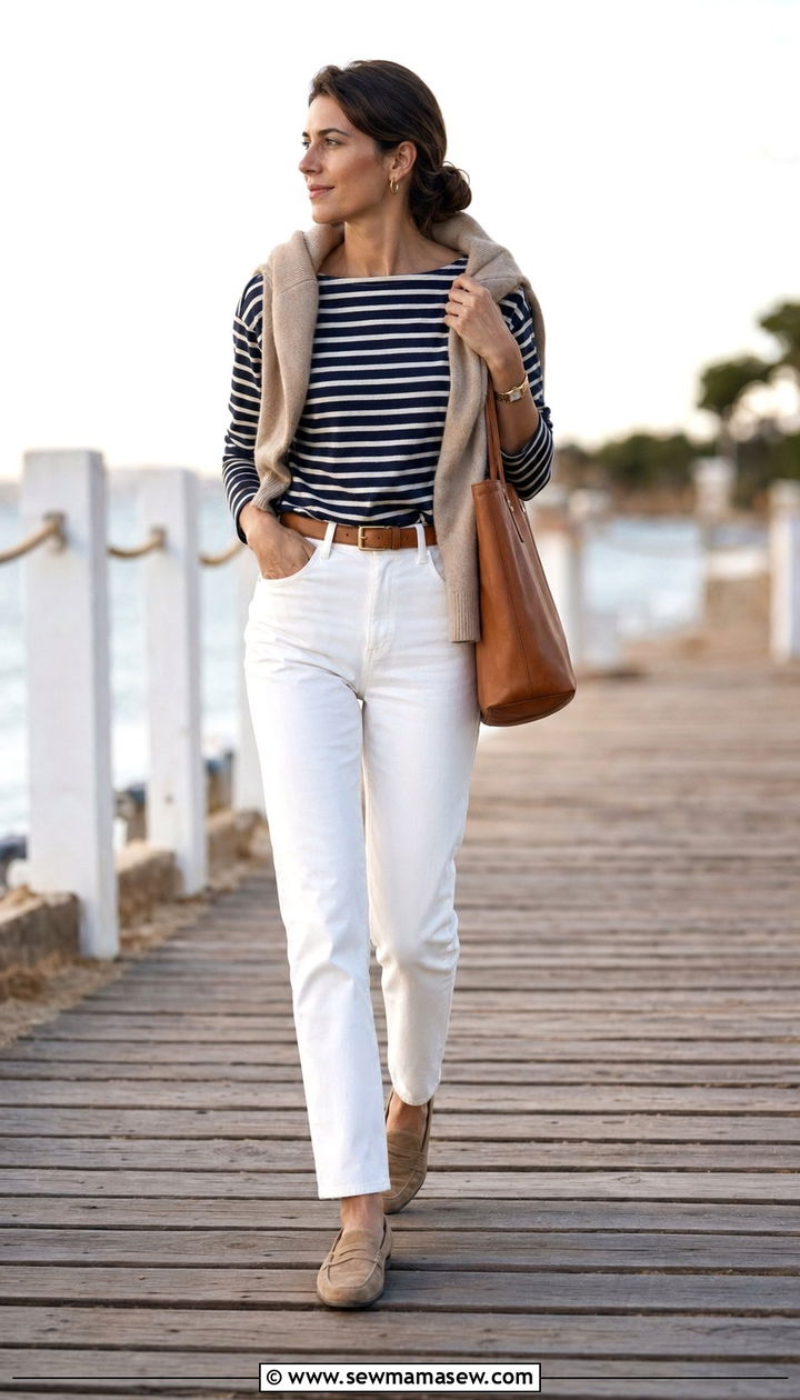 Striped Boatneck Tee With Straight Leg White Jeans - 35 Old money outfit ideas for women over 50