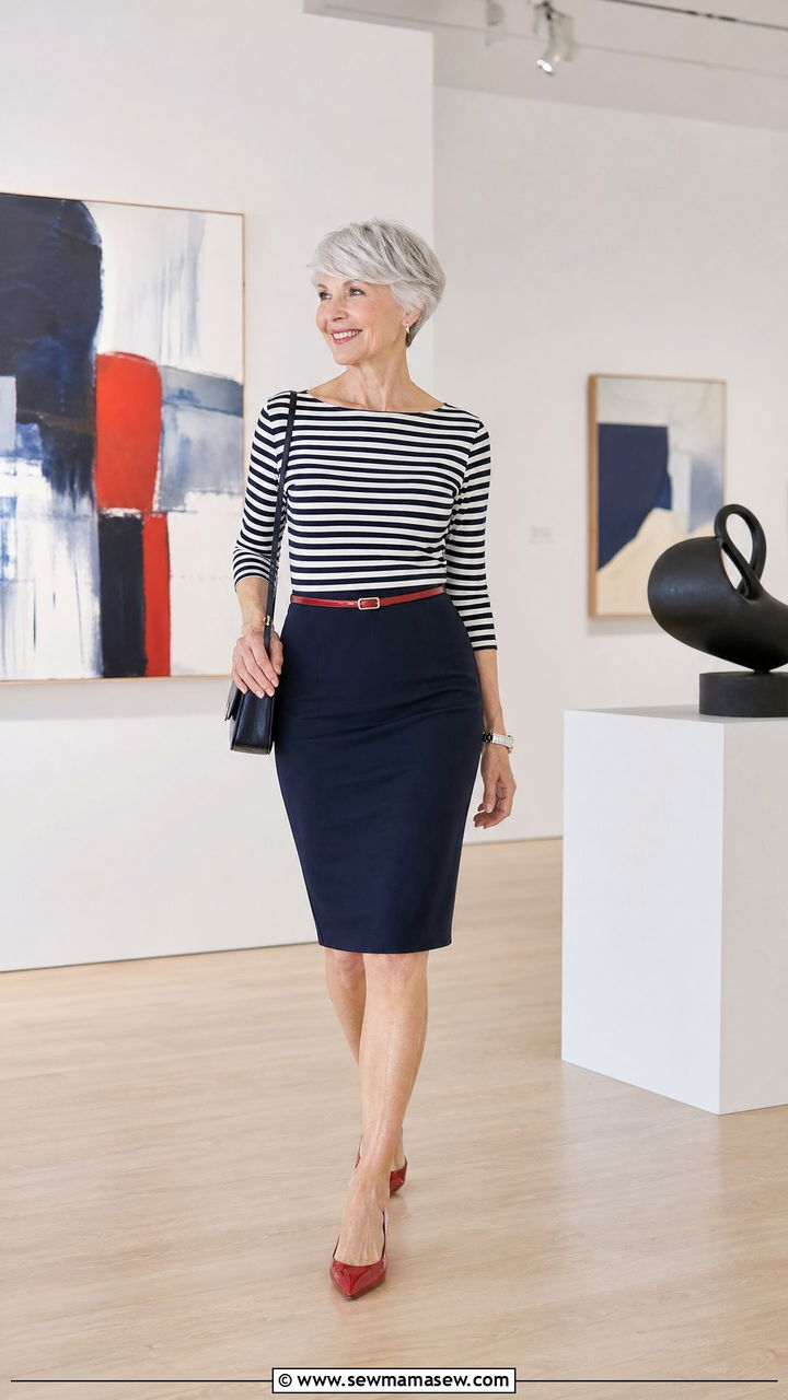 Striped Boatneck Top Over a Navy Stretch Pencil Skirt - 35 Skirt outfit ideas for women over 60