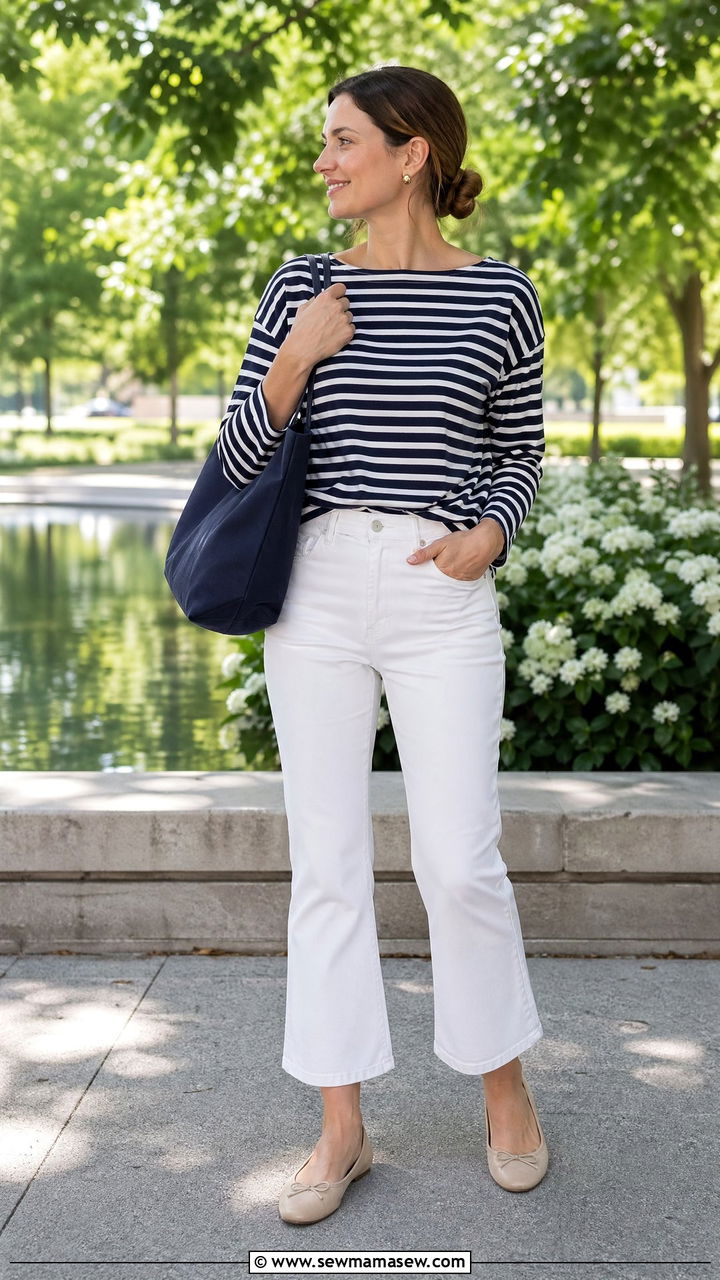Striped Boatneck Top and White Cropped Flare Jeans - 35 coastal grandmother outfits for women
