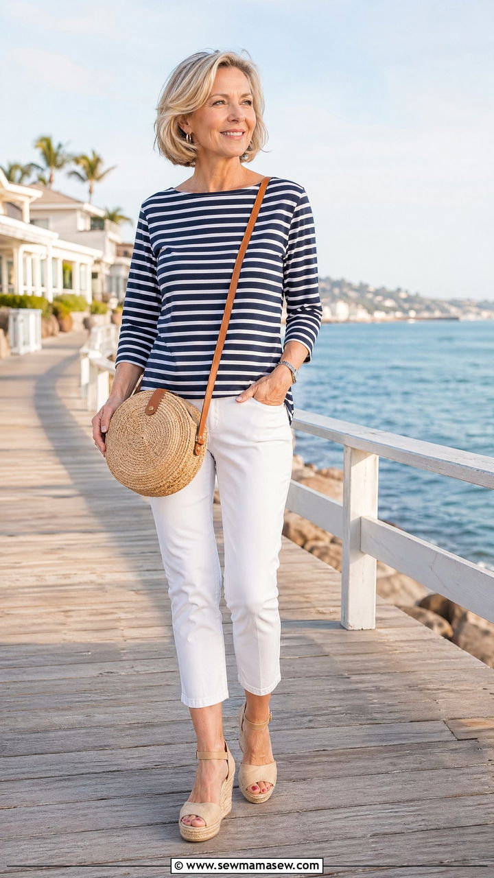 Striped Boatneck Top with White Cropped Pants - 35 summer outfit ideas for women over 50