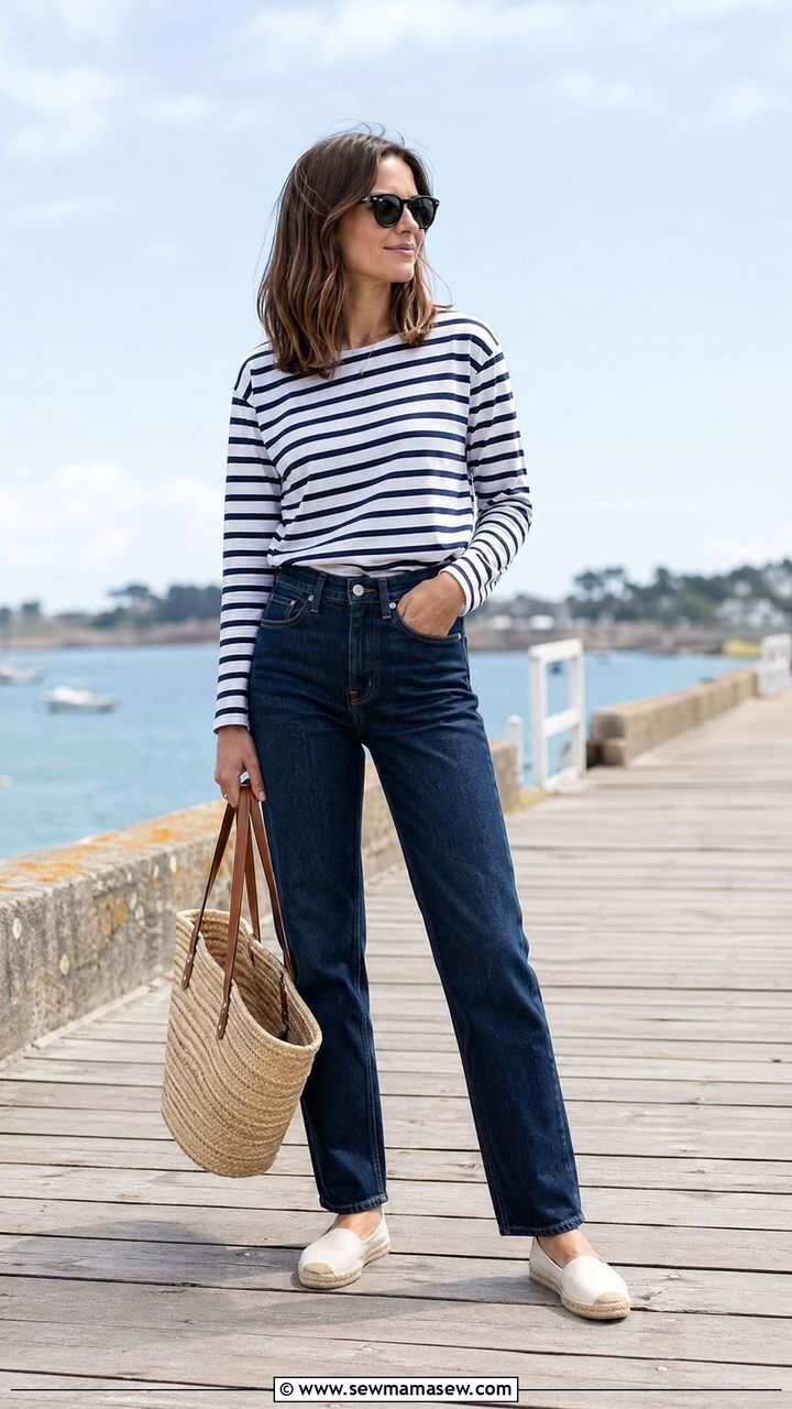 Striped Breton Shirt With Dark Wash Jeans And Espadrilles - 35 casual outfits aesthetic