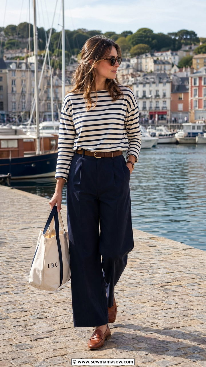 Striped Breton Shirt with Wide Leg Navy Trousers - 35 classy old money outfit ideas