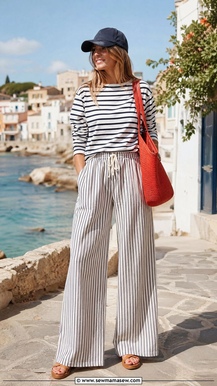 Striped Breton Tee With Wide Swishy Pants - 35 Spring travel outfit ideas 2026