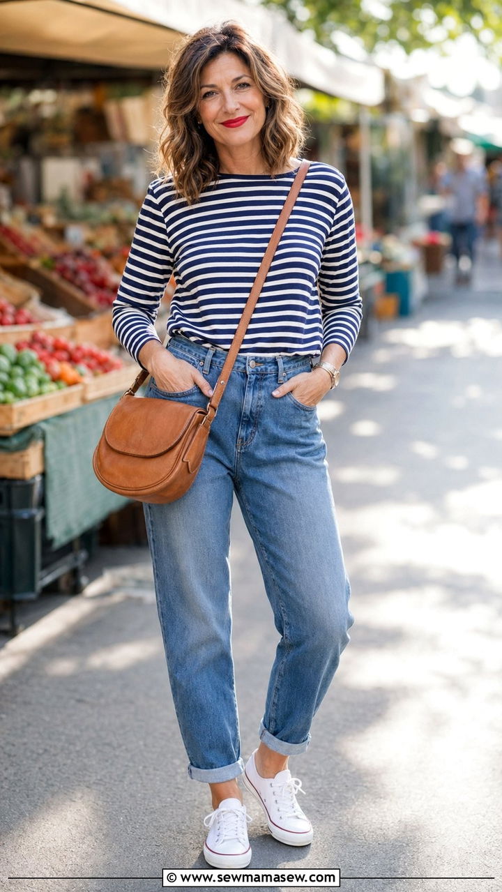 Striped Breton Top With Cuffed Mom Jeans - 35 mom jeans outfits for women over 40