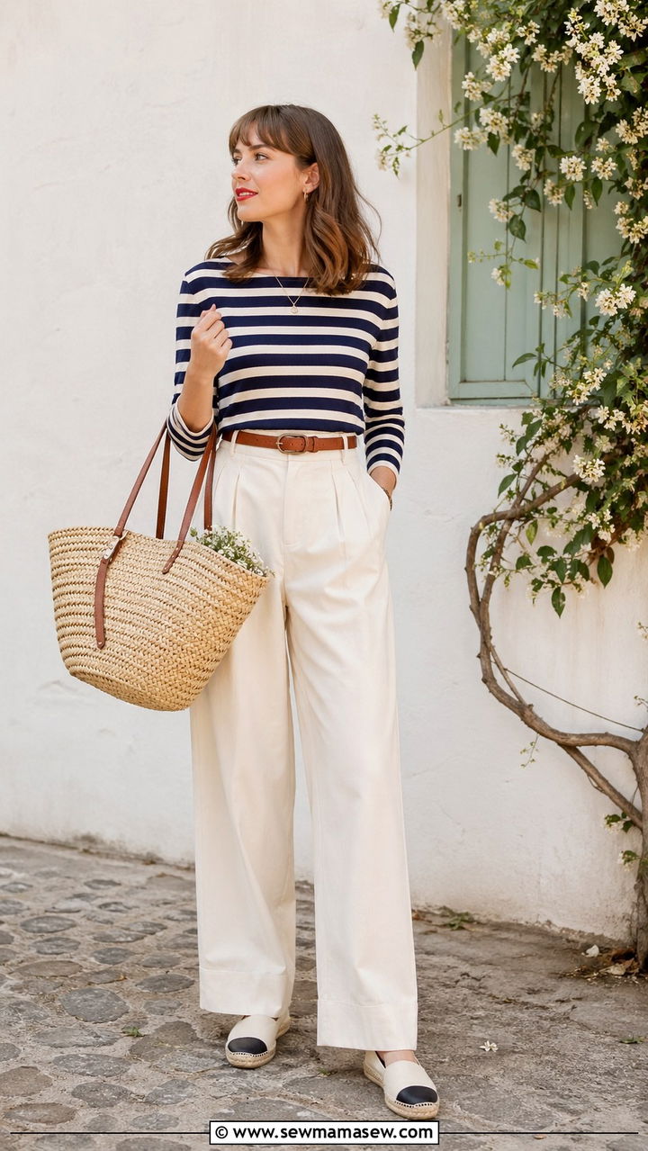 Striped Breton Top With High Waist Trousers And Espadrilles - 30 Spring closet must haves