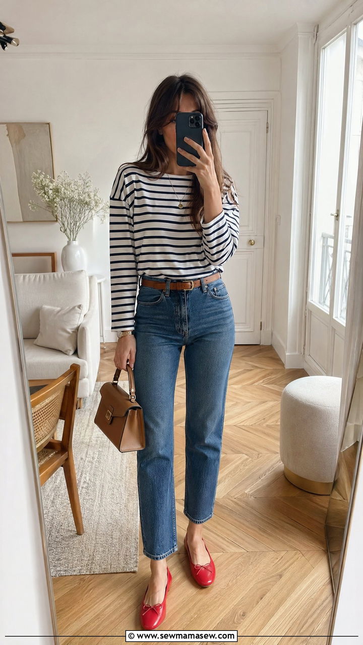 Striped Breton Top With High Waisted Jeans And Red Ballet Flats - 35 spring french girl outfits