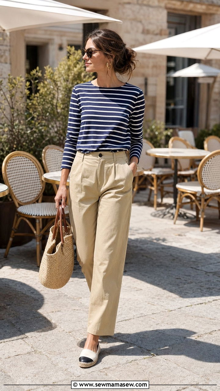 Striped Breton Top With Khaki Pants - 35 Modest outfit ideas for moms