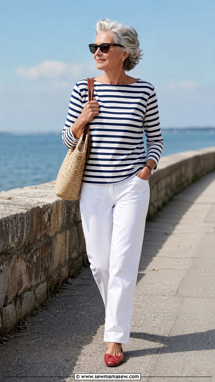 Striped Breton Top With White Jeans - 35 Spring outfits for women over 60