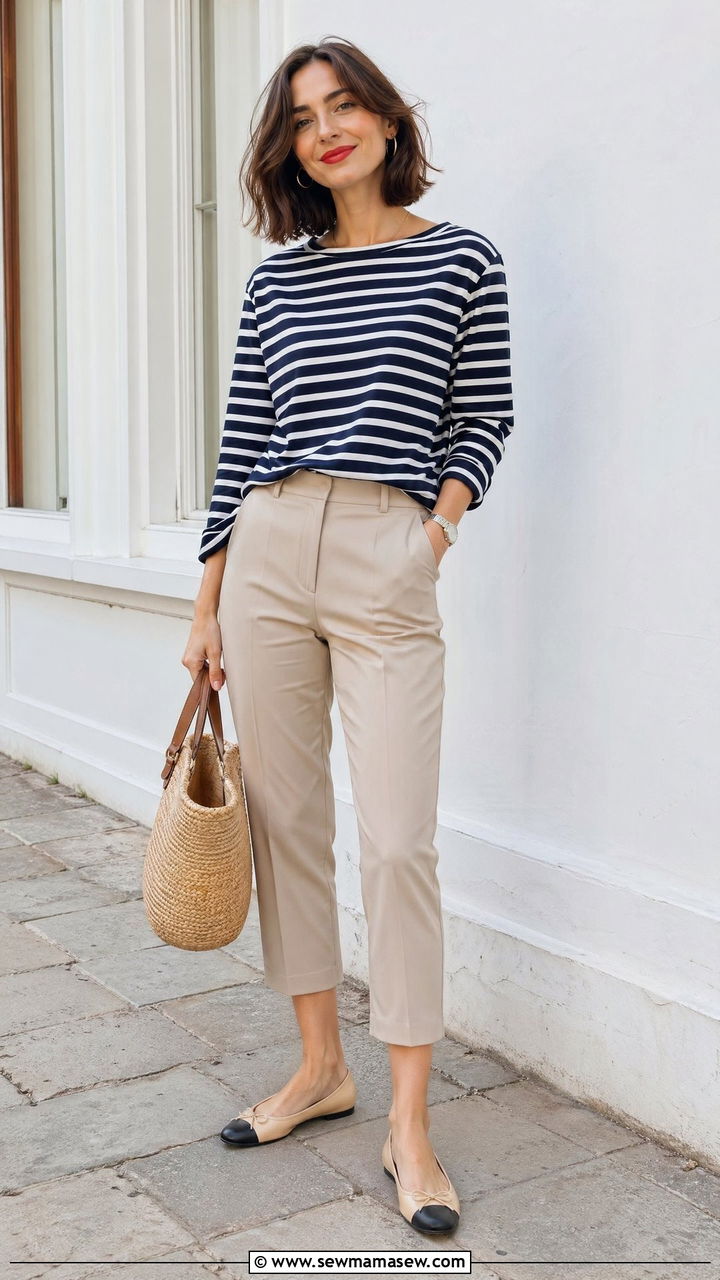 Striped Breton Top and Cropped Trousers Outfit - 35 transitional classy outfit ideas