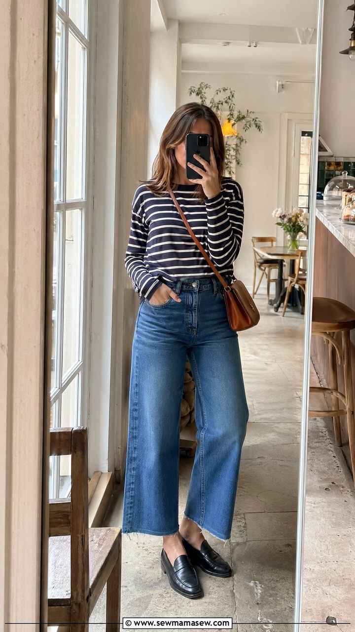 Striped Breton Top and Loafers with Wide Leg Jeans - 35 wide leg jeans outfits for women