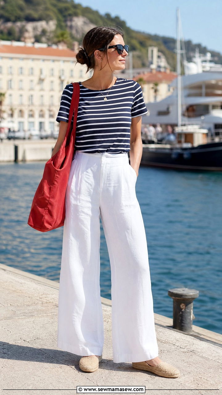 Striped Breton Top and White Linen Trousers - 35 summer linen outfit ideas