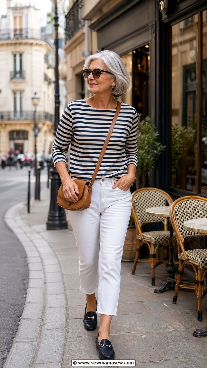 Striped Breton Top with Cropped White Denim - 35 Vacation outfit ideas for women over 50