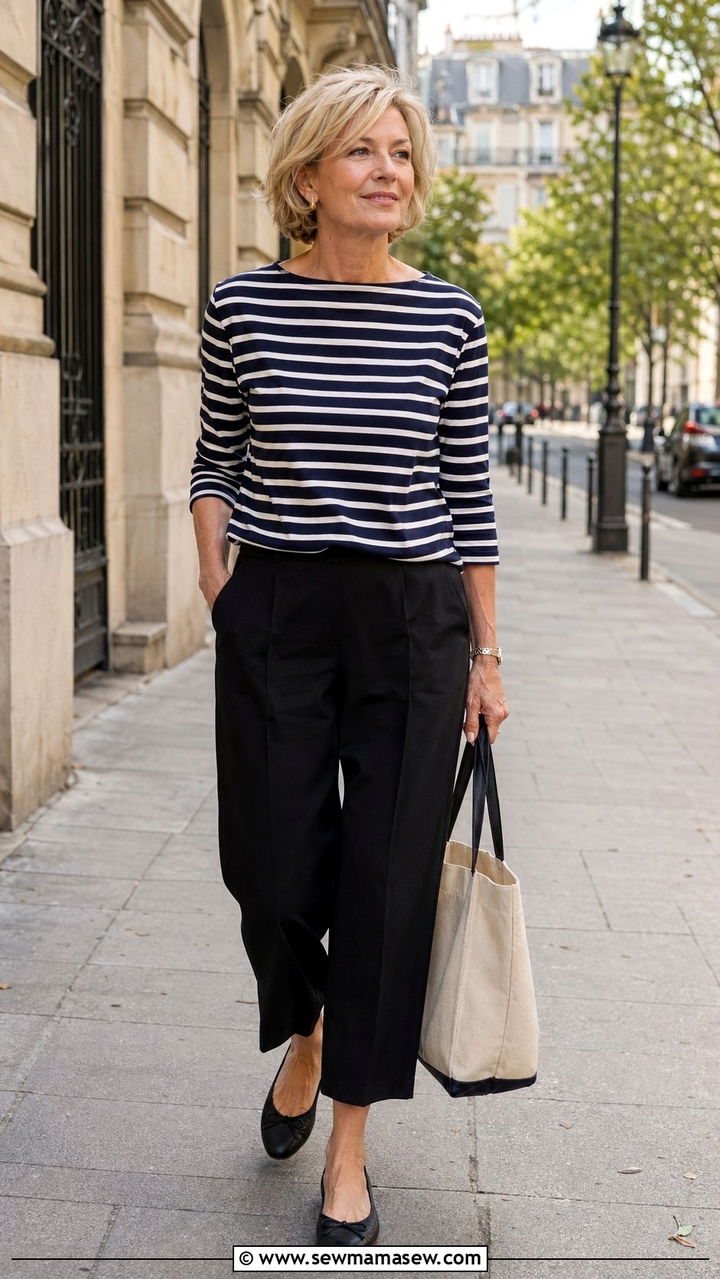 Striped Breton Top with Cropped Wide Leg Pants - 30 Aesthetic outfit ideas for women over 50