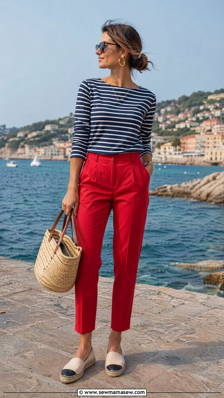 Striped Breton Top with Red Ankle Pants and Espadrilles - 35 spring preppy outfits
