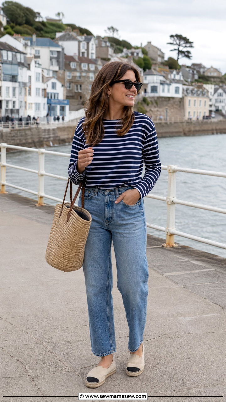 Striped Breton Top with Straight Leg Jeans and Espadrilles - 35 casual straight leg jeans outfits