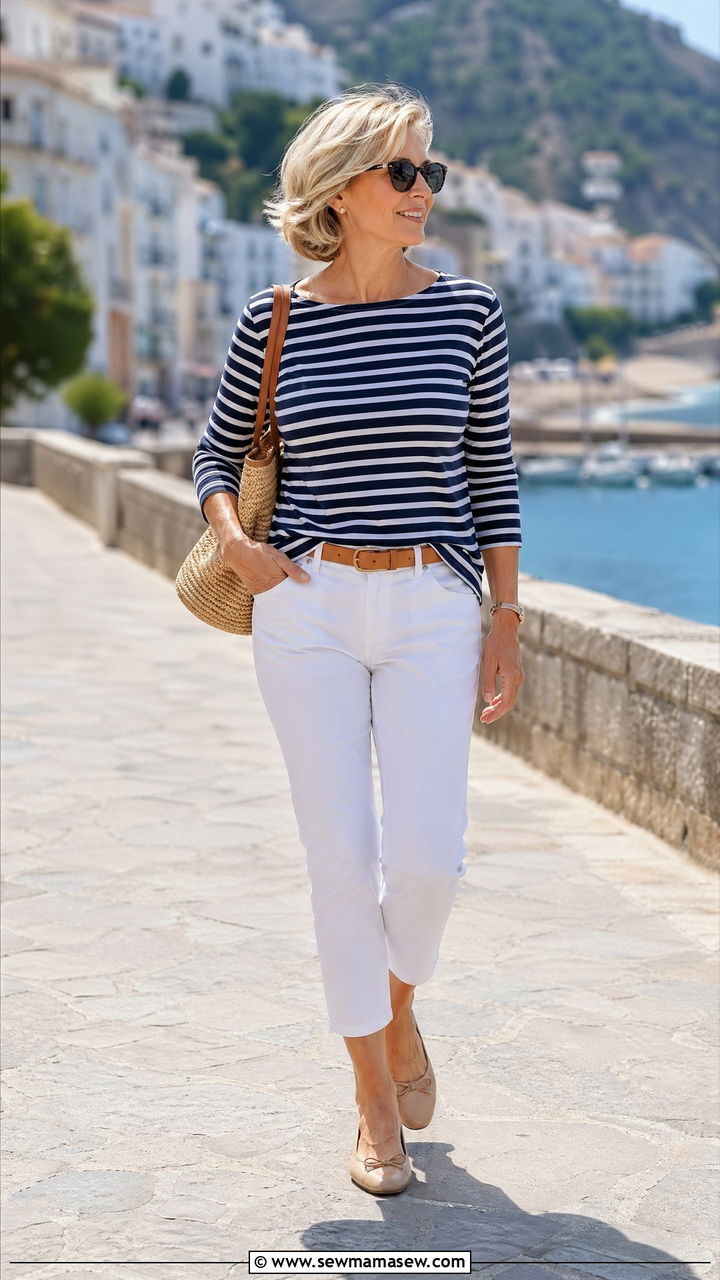 Striped Breton Top with White Cropped Trousers and Tan Belt - 35 Classy outfits for mature women