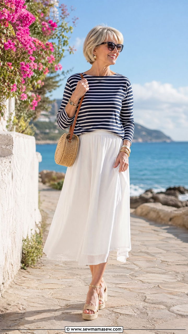 Striped Breton Top with White Midi Skirt and Espadrilles - 35 What to wear in spring for women over 50