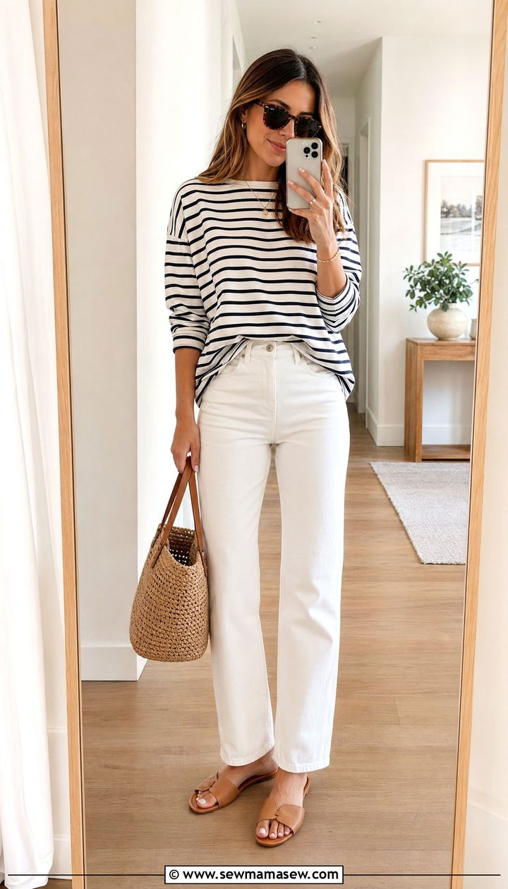 Striped Breton front tucked into white jeans with flat sandals - 30 10 piece summer capsule wardrobe