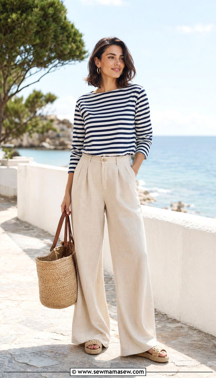 Striped Breton top tucked into beige linen trousers - 30 10 piece summer capsule wardrobe