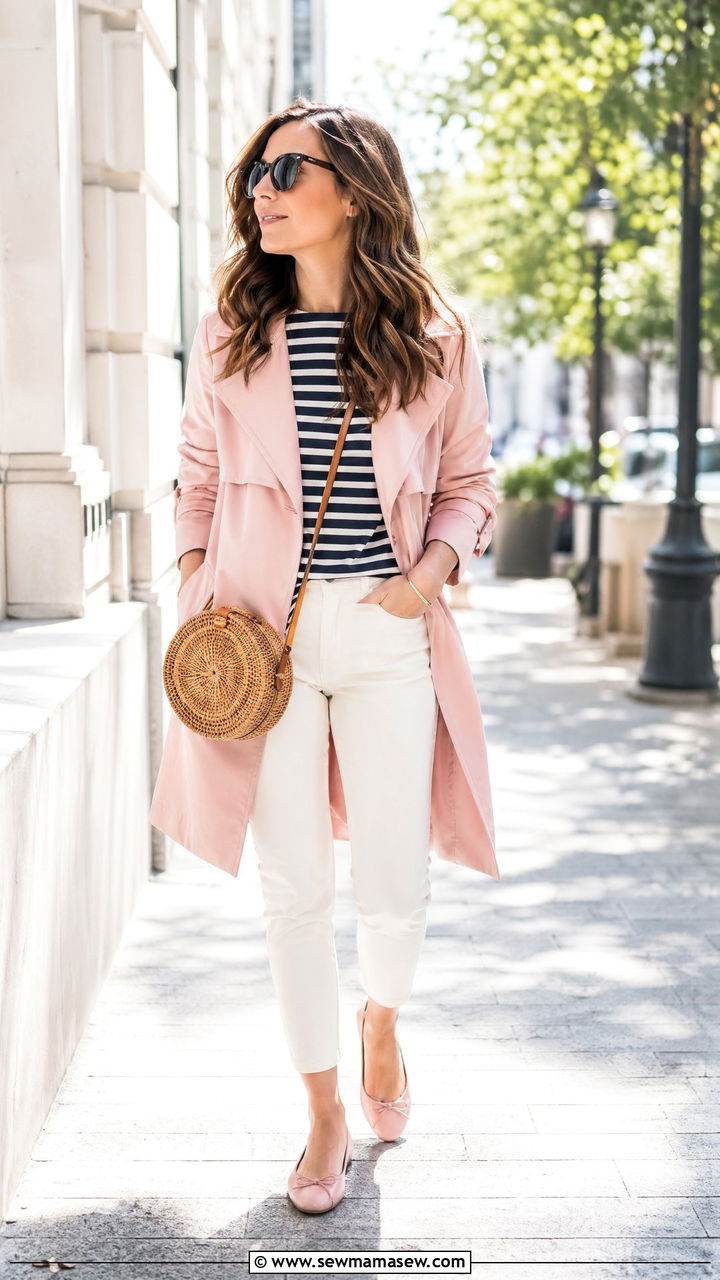 Striped Breton top with ivory ankle pants and blush trench - 35 Travel outfit ideas for women over 50