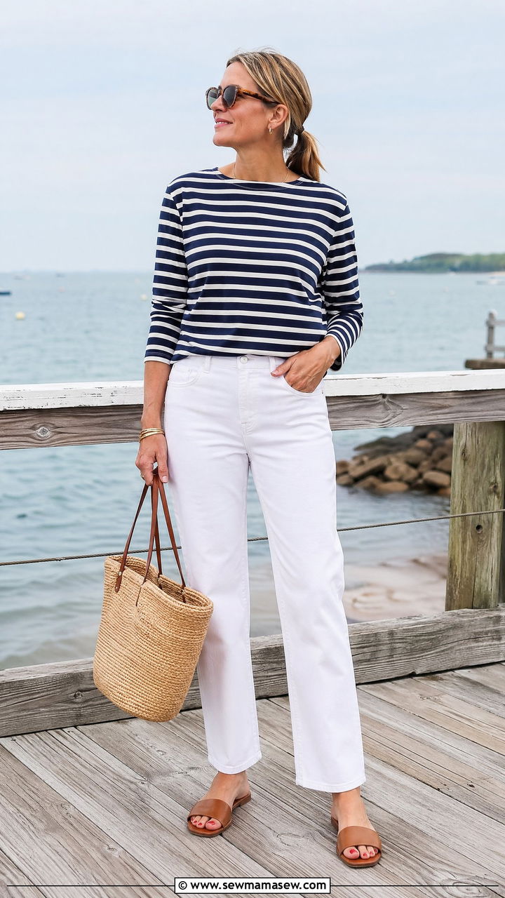 Striped Breton top with white jeans spring outfit - 35 Spring capsule wardrobe for women over 40