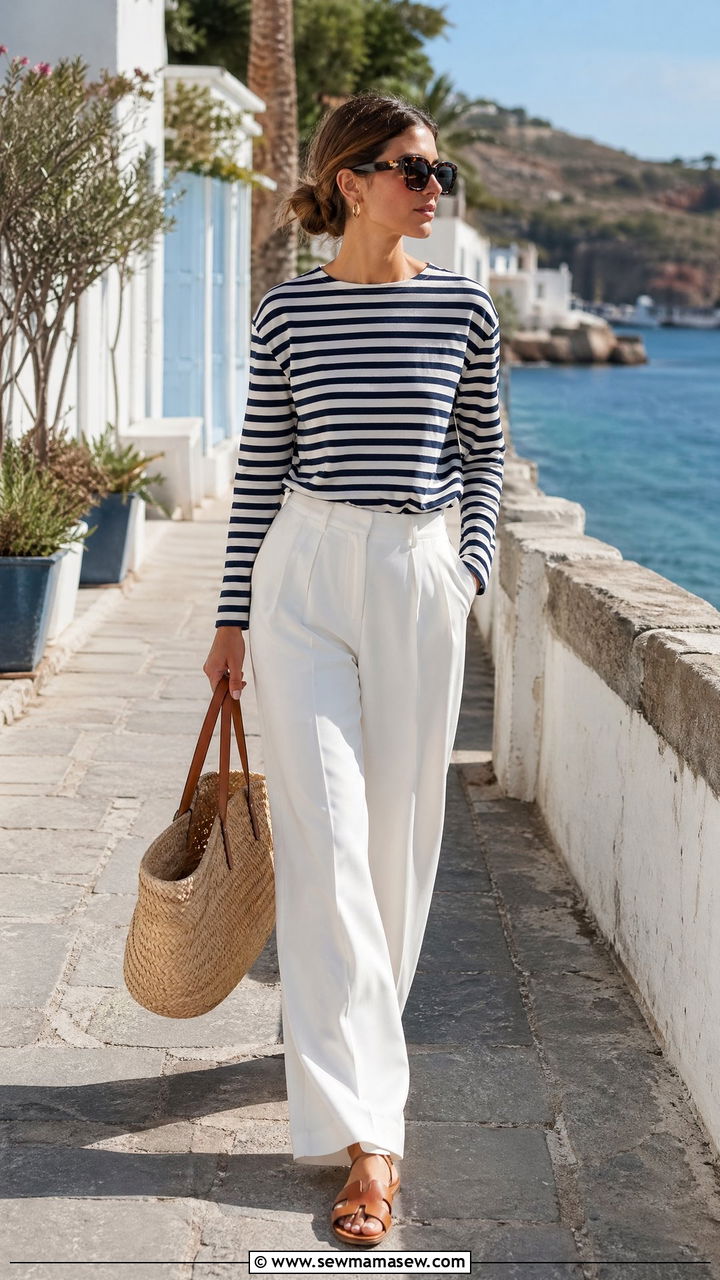 Striped Breton top with white wide leg pants - 35 Stealth wealth outfit ideas