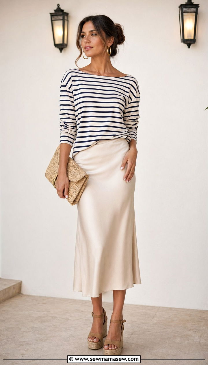 Striped Breton with midi slip skirt and wedge sandals - 30 10 piece summer capsule wardrobe