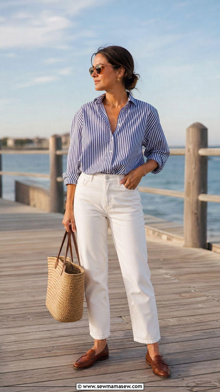 Striped Button Down And White Jeans - 35 classy 90s outfits