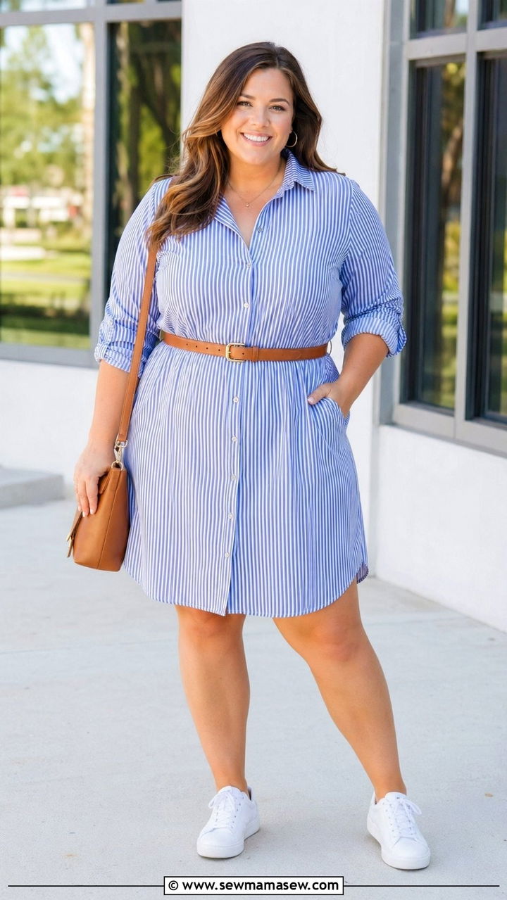Striped Button Down Shirt Dress - 35 Plus size mom outfit ideas