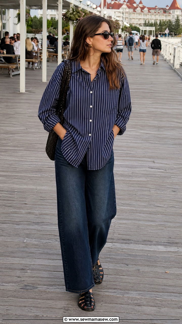 Striped Button Down Shirt With Dark Jeans and Fisherman Sandals - 35 Summer to fall transition outfits