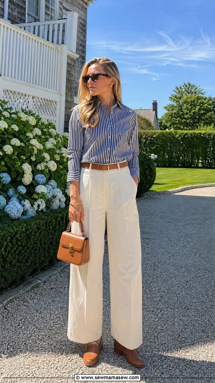 Striped Button Down Shirt With Wide Leg Pants And Structured Bag - 35 spring old money outfits