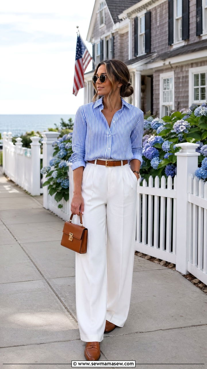 Striped Button Down Shirt with Wide Leg White Pants - 35 spring old money outfit ideas