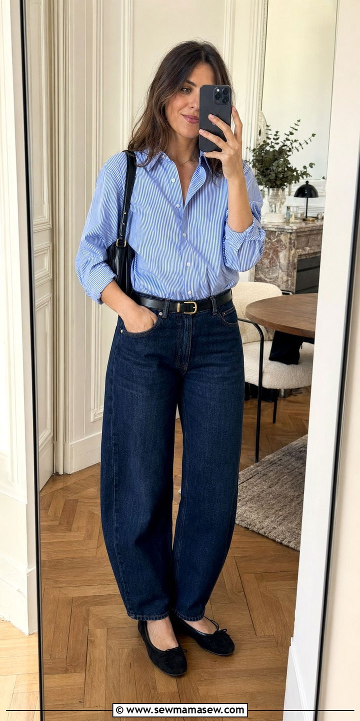 Striped Button Down With Barrel Jeans and Ballet Flats - 30 50 degree weather outfits