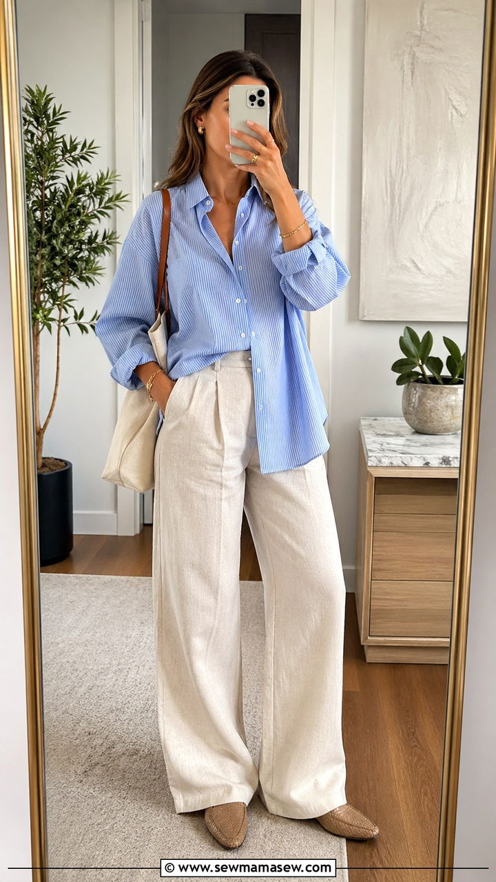 Striped Button Down With Cream Wide Leg Trousers - 30 spring elevated casual outfit ideas