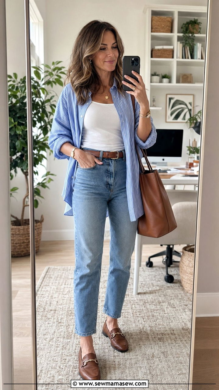 Striped Button Down With Mom Jeans And Loafers - 35 mom jeans outfits for women over 40
