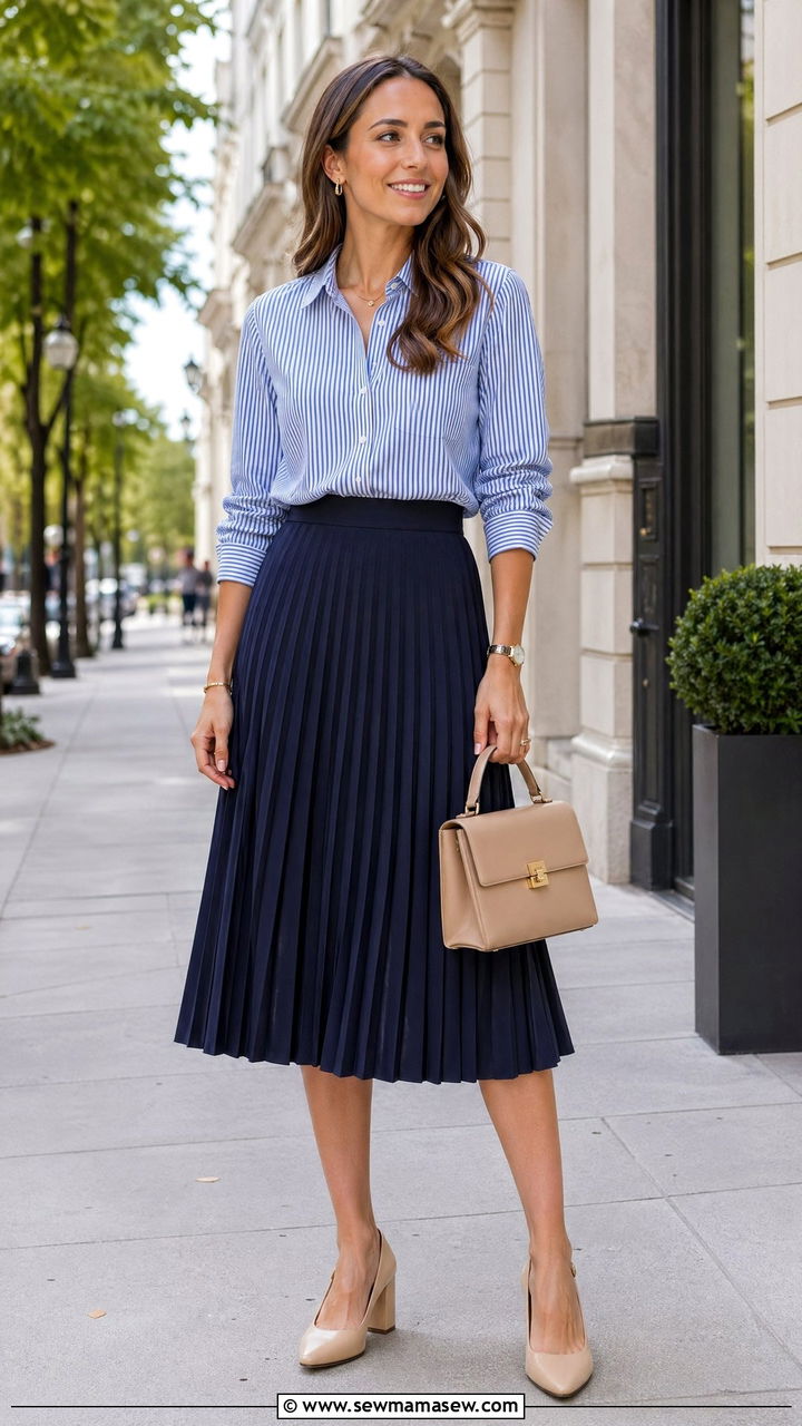 Striped Button Down and Pleated Midi Skirt - 35 spring business casual outfit ideas