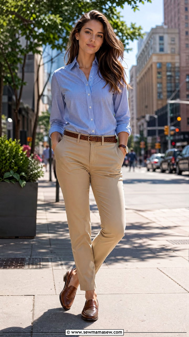 Striped Button Down with Chinos and Penny Loafers - 35 cute office outfits