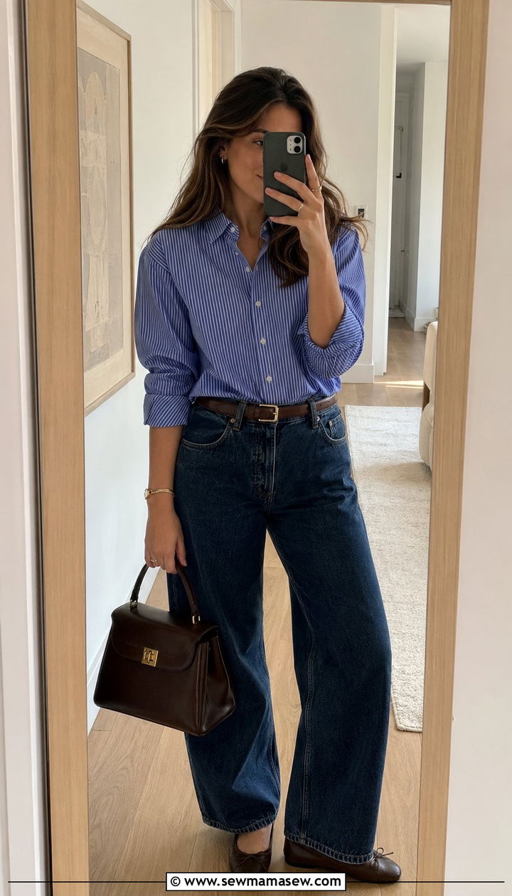Striped Button Down with Dark Wash Baggy Jeans and Ballet Flats - 30 Baggy jeans outfit ideas with a button down