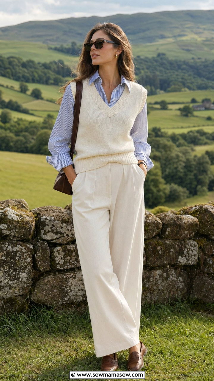 Striped Button Down with Flow Trousers and Sweater Vest - 35 Old money outfit ideas for vacation