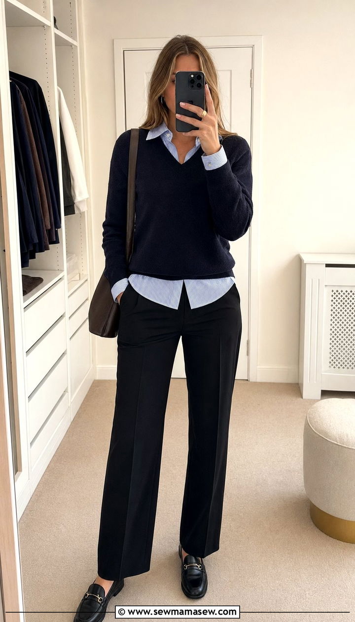 Striped Button Up Shirt Under V Neck Sweater - 30 Back to school outfit ideas modest 2026