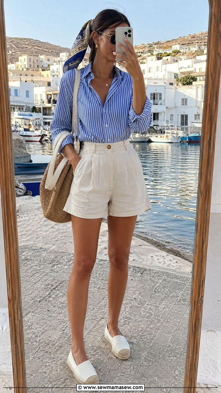 Striped Button Up Shirt With High Waisted Linen Shorts - 35 Spring Greece outfit ideas