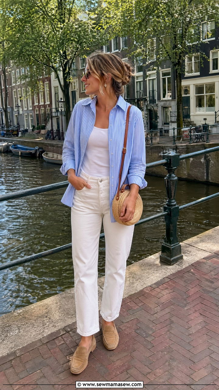 Striped Button Up Shirt With White Jeans And Suede Loafers - 35 spring parisian outfits
