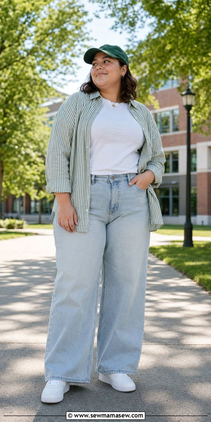 Striped Button Up With White Tee And Light Wash Wide Leg Jeans - 30 Back to school outfit ideas plus size college